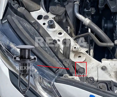 Close-up of 20 Piece Fender Liner And Bumper Cover Grille Retainer Clips Kit For Toyota And Lexus Vehicles installed under hood