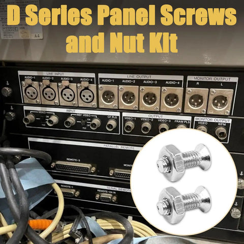Heavy Duty D Series Panel Screws And Nuts Kit For Audio Server Racks featuring stainless steel fasteners near audio equipment.