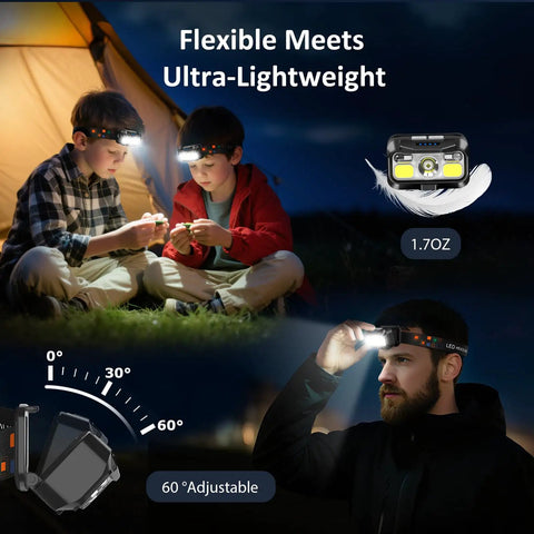 People using Rechargeable Dual Pack LED Headlamp With Motion Sensor Ultra Bright Waterproof Headlight in camping setting