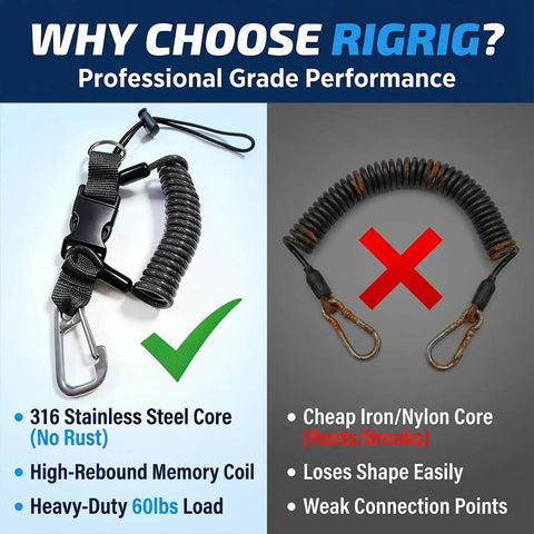 Comparison of Scuba Diving Lanyard For Underwater Cameras with stainless steel core versus iron core lanyard.