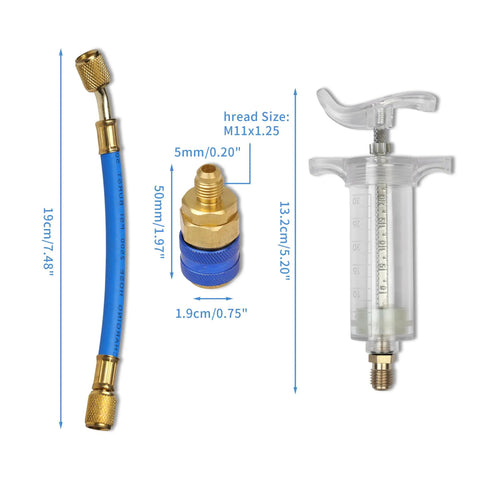 Dimensions of Oil And Dye Injector Kit For Car HVAC AC Compressors, 30ml Hand Push Manual Injector with Quick Coupler