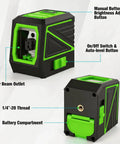 Laser Level With Tripod And Rotary Green Cross Line 100 Ft Self Leveling Laser Tool For Indoor Outdoor Construction And For DIYers 110 Degree Coverage For Precise Alignment And Fast Reliable Results. Black green laser level body with 1/4-20 thread and battery compartment
