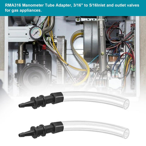 RMA316 manometer tube adapters, 2-pack, 3/16 to 5/16 in, black fittings with clear tubing for gas appliances.