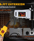 Heavy Duty Electric Chain Hoist 1 Ton, 2200 Lb Capacity, 1300W Motor, featuring a 19.7 Ft wire control with emergency stop, shown in use