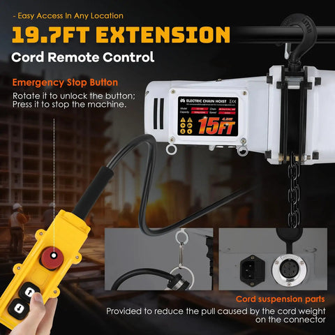 Heavy Duty Electric Chain Hoist 1 Ton, 2200 Lb Capacity, 1300W Motor, featuring a 19.7 Ft wire control with emergency stop, shown in use