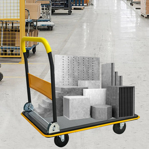 Beefy Heavy Duty Flatbed Cart With 660lbs Load Capacity Foldable Platform Hand Truck 360 Degree Swivel Wheels Quiet TPR Wheels Ergonomic Grip Multipurpose For Easy Hauling And Storage, loaded with concrete blocks in warehouse