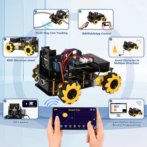 3MP Camera Expansion Pack For Smart Car Starter Kit DIY Robotics And STEM Coding Robot Kit For Kids Teens And Adults Real Time HD Video FPV Streaming Educational Maker Project For Hands On Learning 4WD wheeled robot with app control