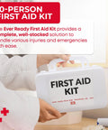 Front view of a white 10-person first aid kit box labeled FIRST AID KIT, held by a person.