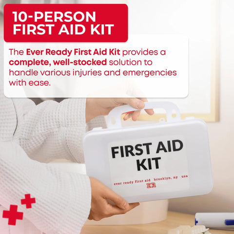 Front view of a white 10-person first aid kit box labeled FIRST AID KIT, held by a person.