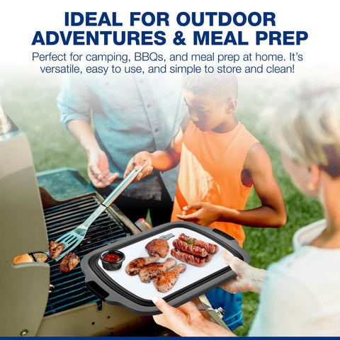 Two Pack XL Collapsible BBQ Prep Tub With Built In Cutting Board Lid And Strainer in use at outdoor grilling scene