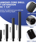 Diagram showing Diamond Core Drill Bit Extension UNC 1-1/4 inch with various sizes from 200mm to 500mm, highlighting screw ends.