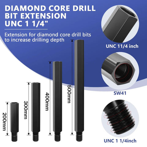 Diagram showing Diamond Core Drill Bit Extension UNC 1-1/4 inch with various sizes from 200mm to 500mm, highlighting screw ends.
