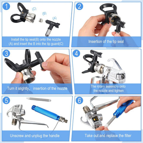 Step-by-step guide for assembling 12 Piece Pro Grade Airless Paint Sprayer Gun Kit With Nozzle Guard 5 Reversible Tips Set And 5 Mesh Filters