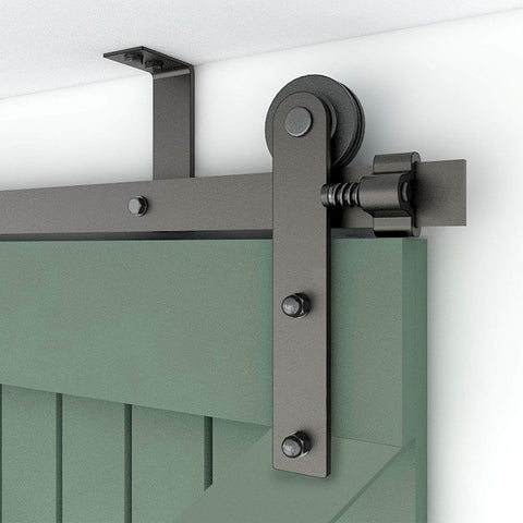 9 Ft Ceiling Mount Sliding Barn Door Hardware Kit For 54 Inch Wide Single Wood Door Built Tough Steel Smooth And Quiet Operation Easy Install 220 Lbs Weight Capacity Includes Rails L Brackets And Rollers close-up view