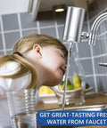Child drinking water from 1200 Gallon Faucet Water Filter System With 2.2 GPM Outlet Flow, Six Stage Filtration For Tap Water.