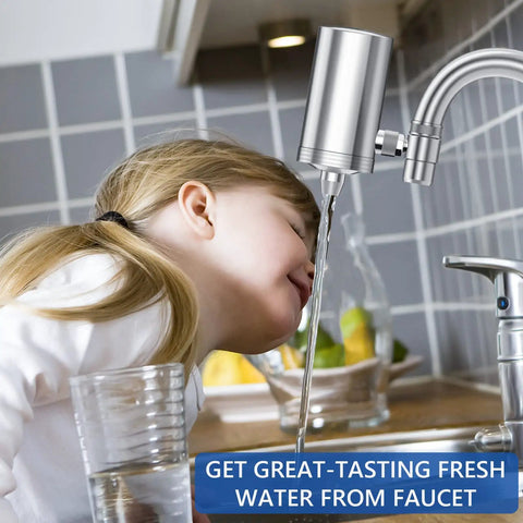 Child drinking water from 1200 Gallon Faucet Water Filter System With 2.2 GPM Outlet Flow, Six Stage Filtration For Tap Water.
