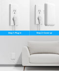 Installation steps for Ultra Flat Extension Cord With Outlet Cover And Power Strip, showing plug-in and cover-up process.