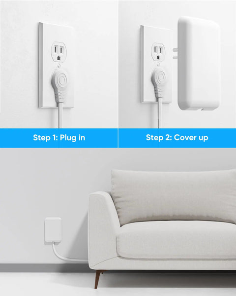 Installation steps for Ultra Flat Extension Cord With Outlet Cover And Power Strip, showing plug-in and cover-up process.