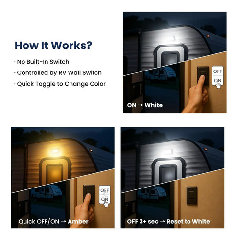Aluminum RV Porch Light With Dual Color White And Amber, 1400 Lumen Outdoor Lamp operation instructions with switch toggle