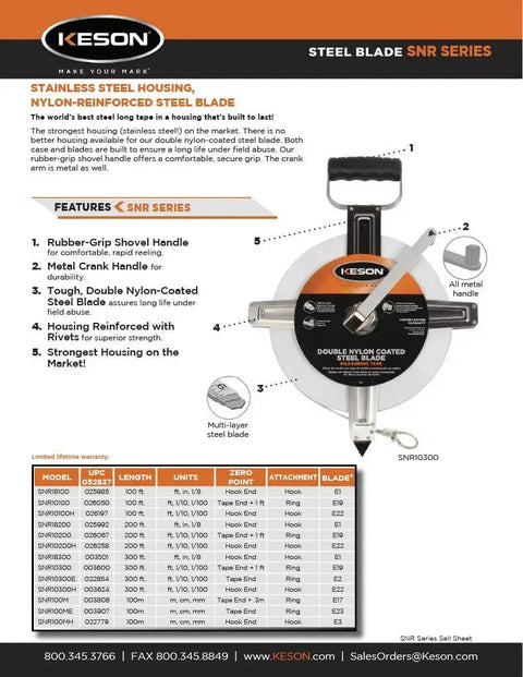 Steel tape measure with nylon-reinforced blade, stainless steel housing, rubber grip, 100 ft length for Pro Grade Nylon Reinforced Steel Tape Measure With Stainless Steel Housing And Rubber Grip Shovel Handle For Quick Winding, Heavy Duty Crank, 100 Foot Tape, 1/8 Inch Fractions, Feet And Inches, Built Tough For Real Work