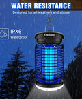 Indoor Outdoor Bug Zapper 2 In 1 With LED Light Waterproof Mosquito Killer For Patio Garden Backyard And Home Plug In Insect Zapper Keeps Bugs At Bay For Nighttime Parties And Outdoor Hangouts showing waterproof design with blue light in rain