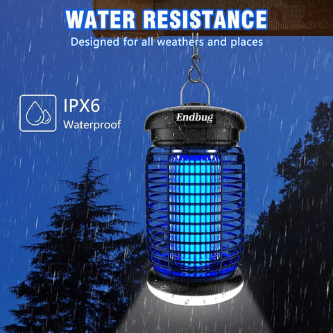Indoor Outdoor Bug Zapper 2 In 1 With LED Light Waterproof Mosquito Killer For Patio Garden Backyard And Home Plug In Insect Zapper Keeps Bugs At Bay For Nighttime Parties And Outdoor Hangouts showing waterproof design with blue light in rain