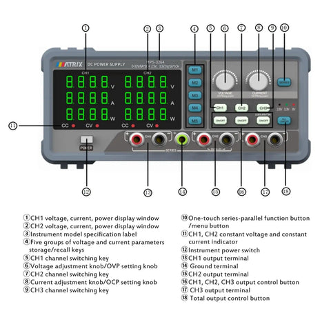 Front view of 32V 6A Adjustable Multi Channel DC Power Supply MPS-3264 with labeled interface and connection ports.