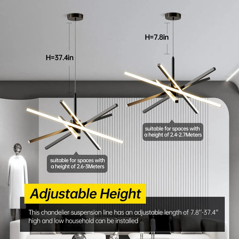 Two Sputnik Style LED Black Chandelier Pendant Lights with adjustable height feature, suitable for different ceiling heights.