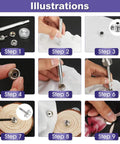 Illustrative steps showing usage of Marine Grade Stainless Steel Canvas Snap Kit With 150 Pc Heavy Duty Fasteners And 2 Pc Setting Tools.