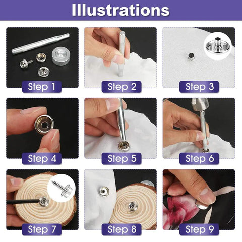 Illustrative steps showing usage of Marine Grade Stainless Steel Canvas Snap Kit With 150 Pc Heavy Duty Fasteners And 2 Pc Setting Tools.
