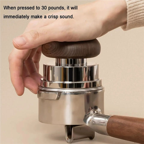 Dope Espresso Coffee Tamper Set With Self Leveling Distributor And Wdt Tool For Dead On Puck Prep Calibrated 58 Mm Pro Grade Tamper in use with wood handle.