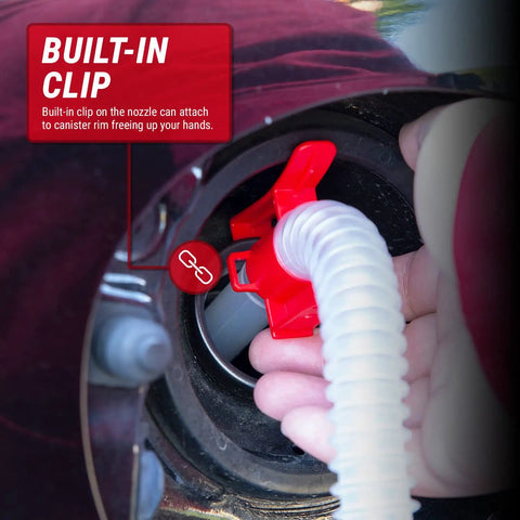 Manual Portable Fuel Transfer Pump Siphon Kit With One Hand Pump Up To Three Point Two GPM Flow Built In Hose Clip Adjustable Air Vent Cap For Slower Or Faster Flow Great For Gas Diesel And Other Fluids 1 Pack, built-in clip on nozzle
