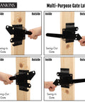 Beefy Self Locking Gate Latch For Wood And PVC Fences, Heavy Duty Post Mount With Gravity Release, swing-in and swing-out views
