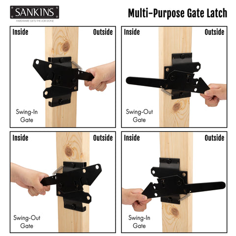 Beefy Self Locking Gate Latch For Wood And PVC Fences, Heavy Duty Post Mount With Gravity Release, swing-in and swing-out views