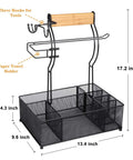 Grill Caddy With Paper Towel Holder And Seven Compartment Organizer For Outdoor BBQs, with dimensions and steel mesh design.