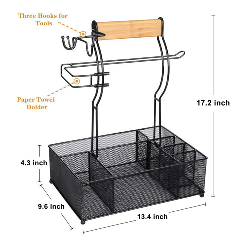 Grill Caddy With Paper Towel Holder And Seven Compartment Organizer For Outdoor BBQs, with dimensions and steel mesh design.