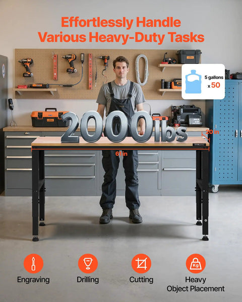 Person standing beside Heavy Duty Adjustable Workbench With 2000 Lb Capacity 61 By 20 Inch Surface Height Adjustable From 27.1 To 36 Inches Built In Power Outlets Perfect For Garage Shop Or Office, showcasing weight capacity.