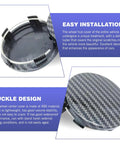 4 Pack Sick Wheel Center Caps With Glossy Carbon Pattern, snap fit hub covers showing easy installation and buckle design.