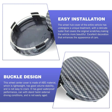 4 Pack Sick Wheel Center Caps With Glossy Carbon Pattern, snap fit hub covers showing easy installation and buckle design.