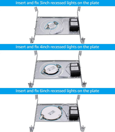 New Construction Mounting Plate for LED Recessed Lighting Kits Three Quarter Inch and Six Inch, showing installation steps.