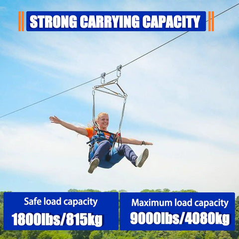 Person on zipline using Stainless Steel Cable 5/16 Inch 25 Foot With Loops 7x19 Strand Beefy Heavy Duty Wire Rope Kit.