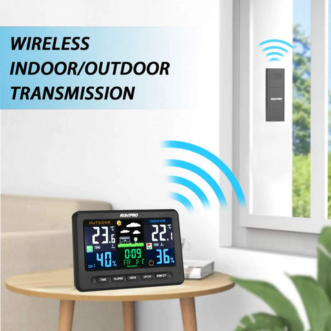 Wireless Weather Station With Outdoor Sensor For Indoor And Outdoor Temperature And Humidity Alerts Alarm Clock Calendar Weather Forecaster With Color LCD Display on table