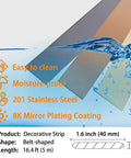 Slick Self Adhering Stainless Steel Black Metalized Wall Trim Molding With Mirror Like Finish, features and dimensions.