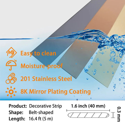 Slick Self Adhering Stainless Steel Black Metalized Wall Trim Molding With Mirror Like Finish, features and dimensions.