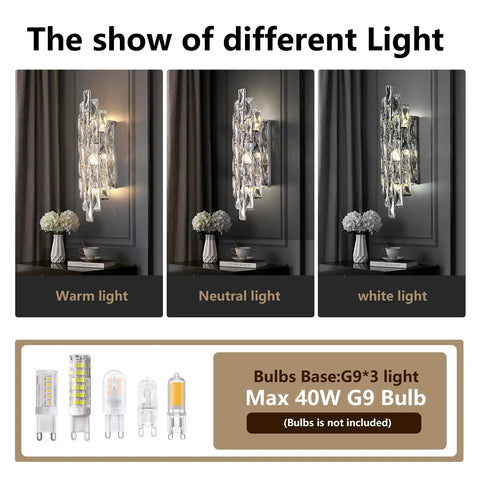 Crystal Chrome Wall Sconces for Living Room Bedroom Bathroom Hallway Staircase Lighting Indoor Vanity Wall Mount Lamps with Clear K9 Crystals showing three lighting modes.
