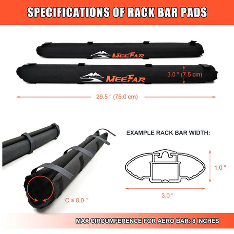 Universal Car Roof Rack Pads For Kayak Surfboard SUP Canoe 29.5 inch black crossbar pads with specifications.