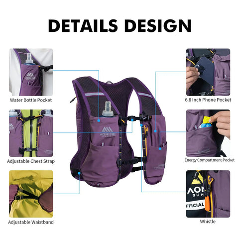 Purple Ultra Lightweight 8L Hydration Vest With 500ml Bottle For Men And Women, Breathable Mesh Running Pack with pockets shown