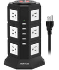 Beefy Heavy Duty Surge Protector Power Strip Tower With 12 AC Outlets, 3000W 15A, 5 USB Ports Total 8A, 6.5ft cord, black