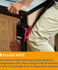 120V Knee Paddle Switch hands-free safety cutoff mounted on workbench, 15 Amp, 5.5 ft cord, ideal for power tool use.