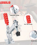 Heavy Duty 2 Pack Vertical Toggle Clamps Lock Down Jobs In Seconds With A Comfort Grip Non Slip Lever And Fast Actuation, adjustable design, non-slip handle detail.